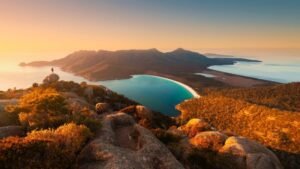 Sunrise view of Wineglass Bay in Tasmania's Freycinet National Park